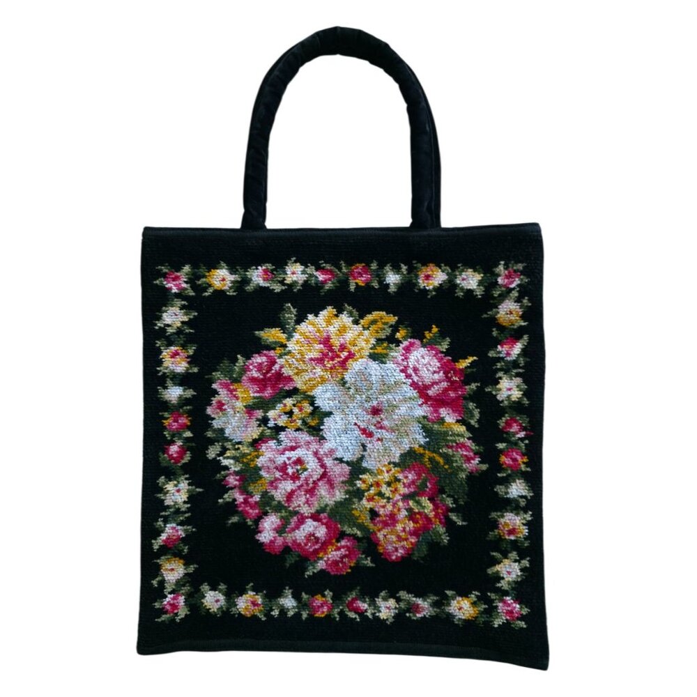 VTG FEILER Black Velour Velvet Floral Tapestry Tote Hand Bag - Made In Germany